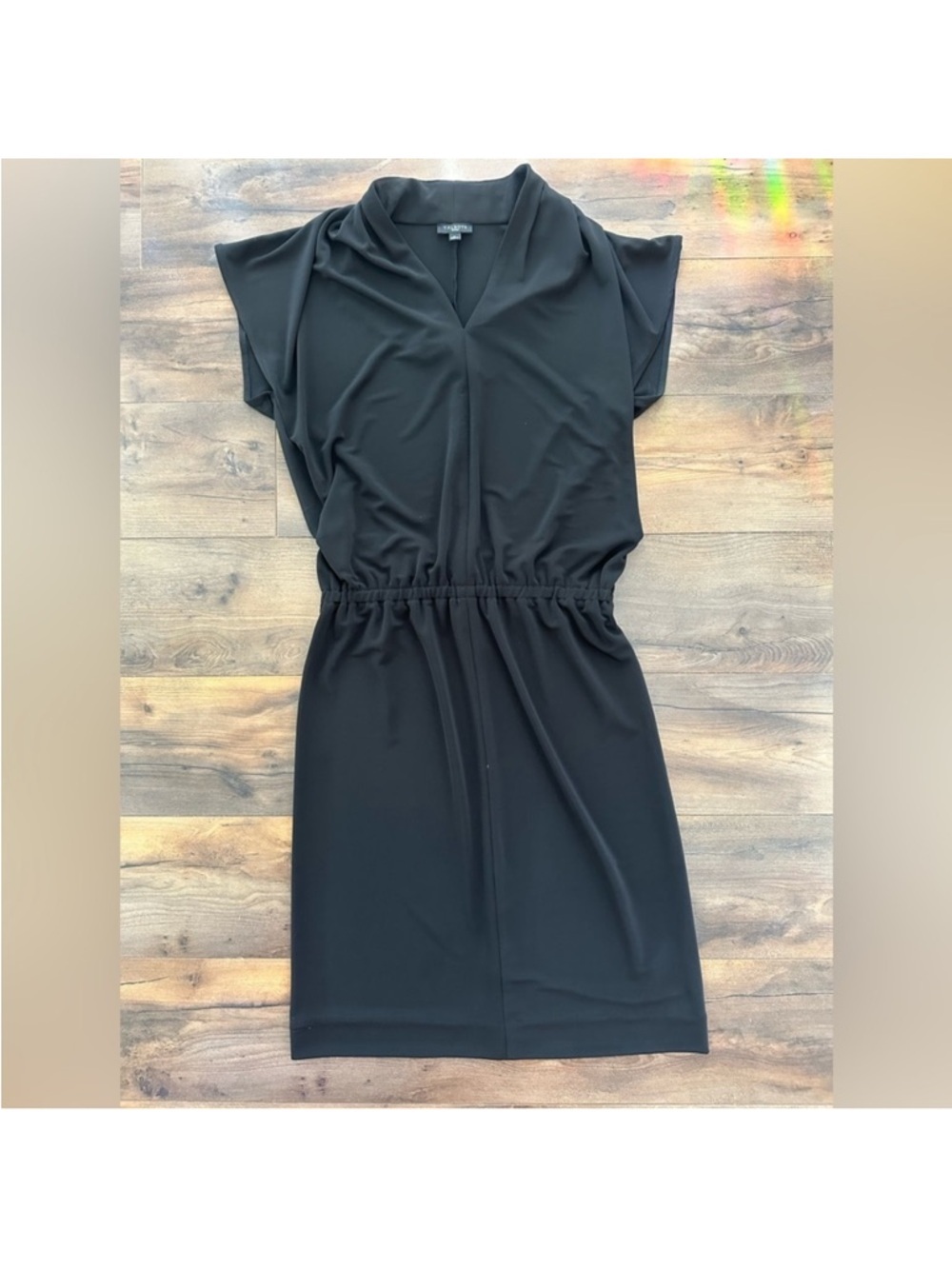Talbots Petite Black Draped V-Neck Dress Stretch Work Office Minimalist